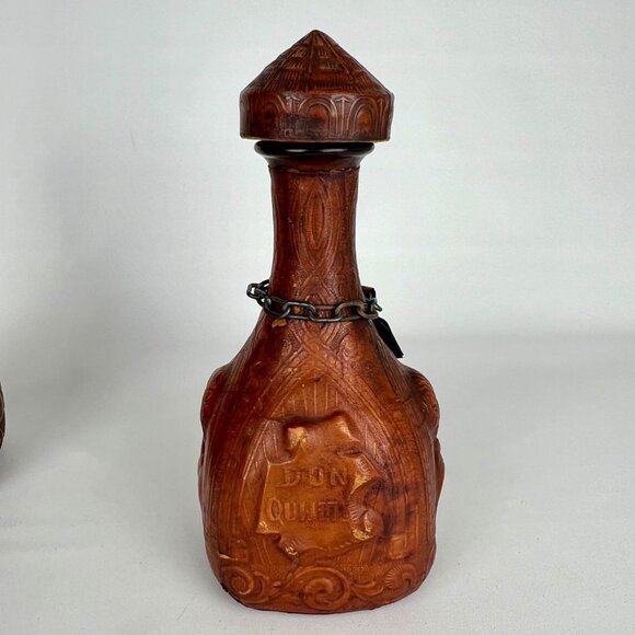 Vintage Jeyre Embossed Leather Don Quixote Decanter Wine Whiskey Spain set of 2 - Picture 9 of 16